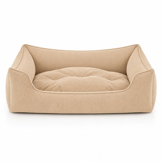 Närbild på Relax premium hundsäng i beige manchester som visar den mjuka möbelkvaliteten och den bekväma stoppningen.