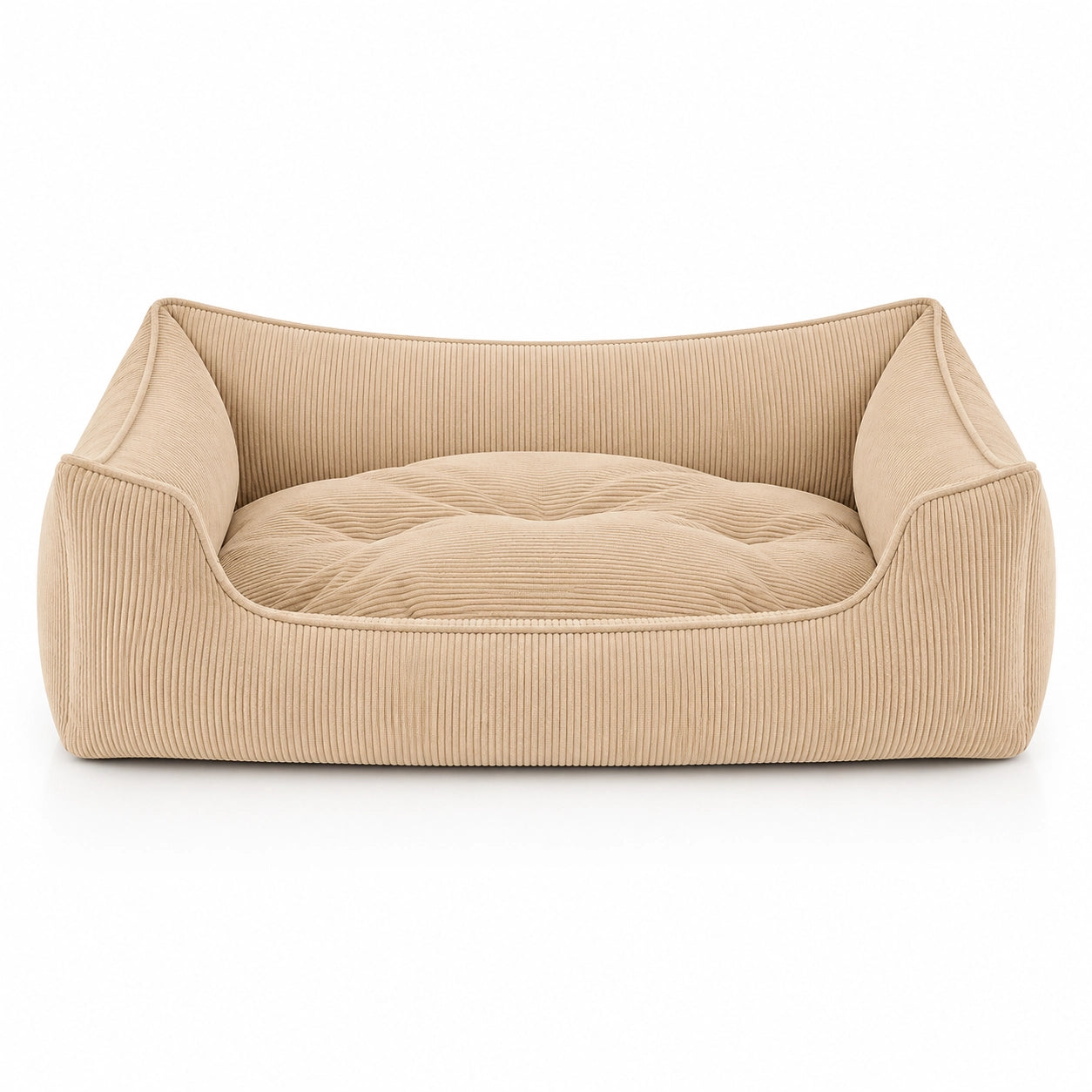 Närbild på Relax premium hundsäng i beige manchester som visar den mjuka möbelkvaliteten och den bekväma stoppningen.