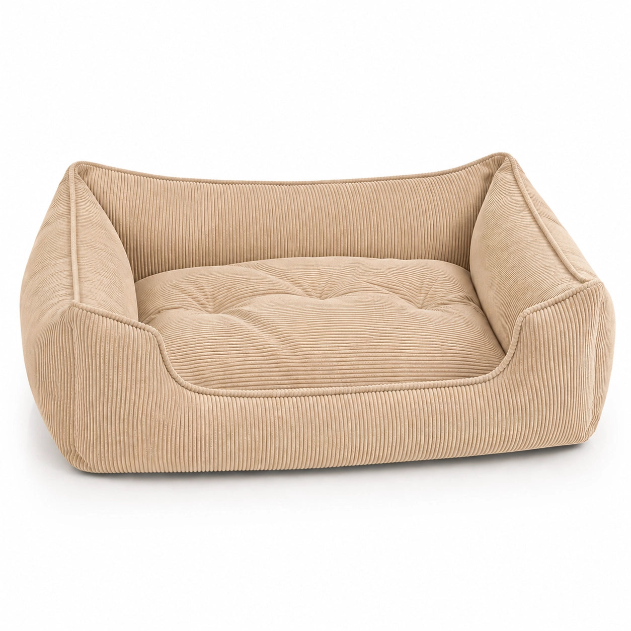 Relax premium hundsäng i beige manchester med mjuka sidokuddar och allergivänlig fyllning, tillverkad i Tyskland.