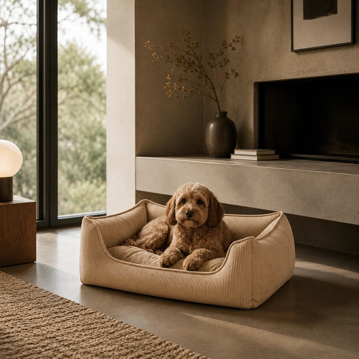 Mindre hund som vilar i Relax premium hundsäng i beige manchester placerad i ett modernt skandinaviskt hem.