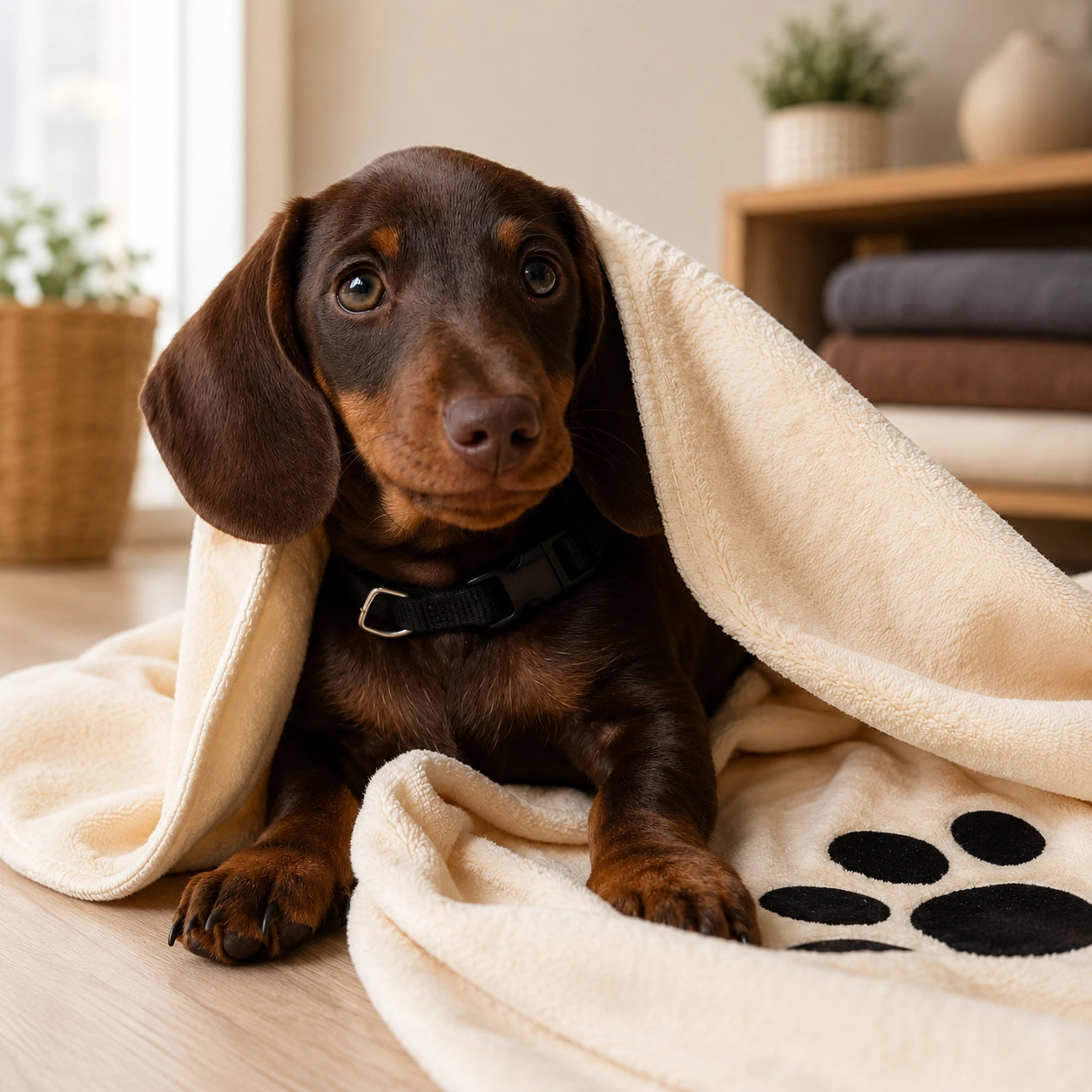 Söt taxvalp invirad i en mjuk mikrofiberhandduk i ett modernt skandinaviskt hem. Perfekt för att torka hunden efter bad och promenader.